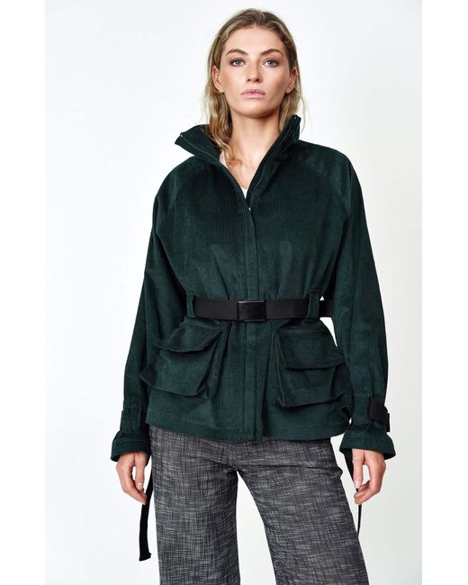Gunda Hafner Ltd Green Cotton Corduroy Funnel Neck Jacket With Belt