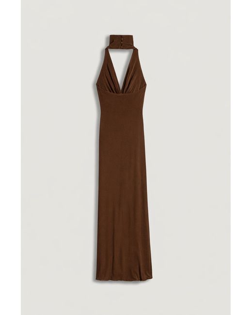 Nocturne Brown Halter-Neck Draped Maxi Dress