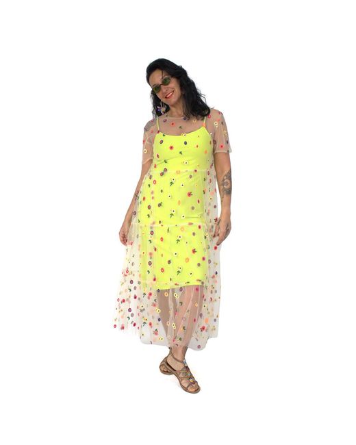 Lalipop Design Yellow Fluorescent Dress With Flower Embroidered Tulle