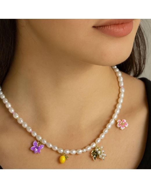 My Little Nature White Flower Charms Beaded Necklace With Freshwater Natural Pearls