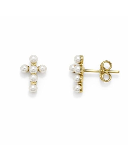 Pearl Code Metallic Cross Pearl Stud Earrings