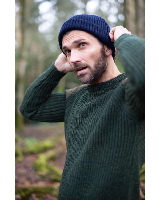 Paul James Knitwear Blue Heavyweight Extra Fine Merino Caster Fisherman Beanie for men