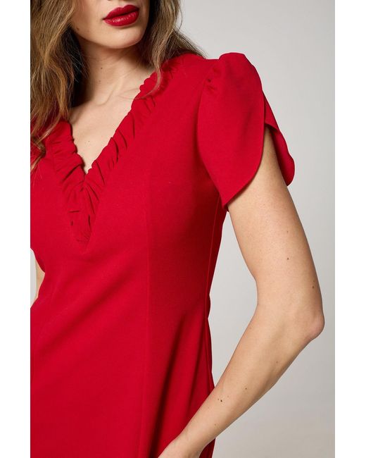 K-Win London Red Elegant Ruffle V-Neck Dress
