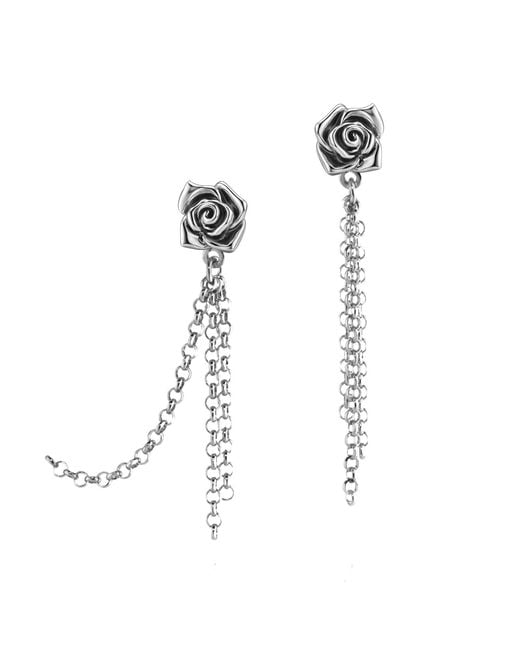 Unaloe White Sterling Asymmetric Rose Chain Drop Earrings – Contemporary Floral Designer Jewelry