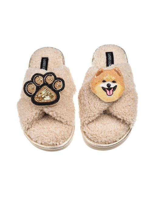 Laines London Metallic Neutrals Laines Neutral Boucle Slippers With Teddy The Pomeranian & Paw Brooches