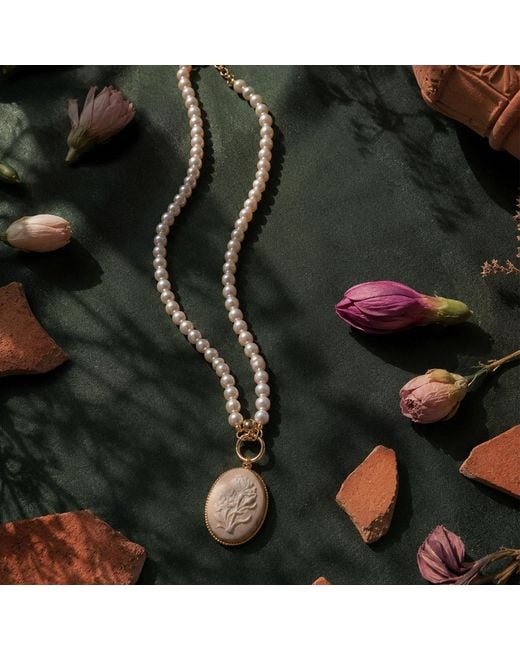 Vintouch Italy Metallic Dahlia Cameo Necklace With Pearls