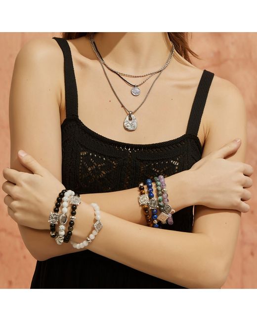 Aurozia Black Three Charms Solar Meridian Plated Sundial And The Sun Coin Golden Obsidian Beaded Bracelet