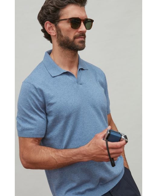 Paul James Knitwear Blue Ultra Fine Cotton Nathan Buttonless Polo Shirt for men