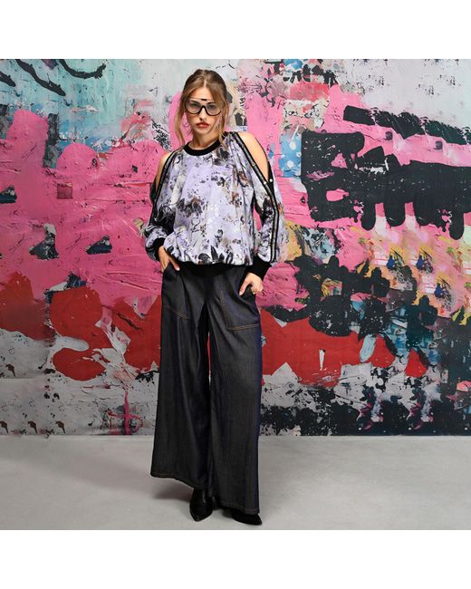 Lalipop Design Blue Floral Print Sweatshirt With Snap-Button Shoulder Detail