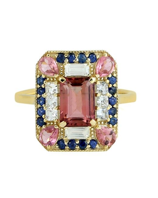 Artisan Pink Melon Tourmaline Cocktail Ring Yellow Gold Diamond Jewelry