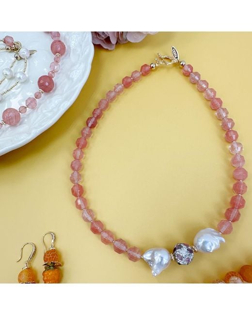 Farra Red Watermelon Quartz With Baroque Pearls Statement Necklace