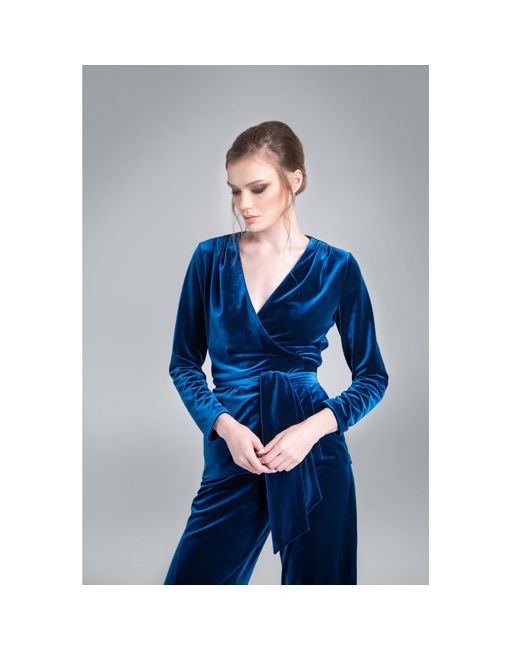 Rumour London Blue Evelyn Velvet Wrap Jacket With Self-Tie Sash