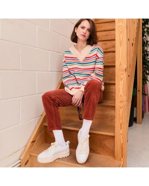 Cara & The Sky Red Jasmine Wide Sleeve V Neck Striped Jumper
