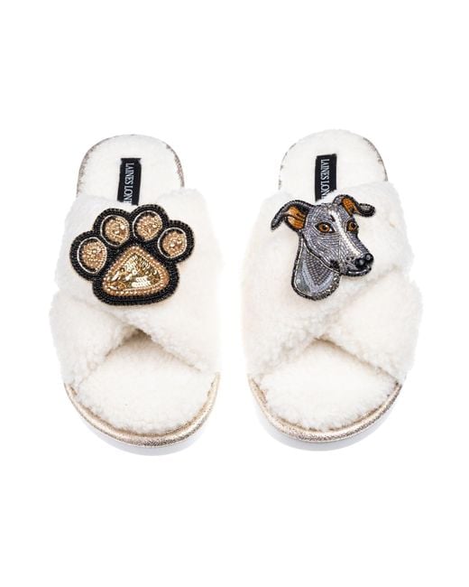 Laines London White Neutrals Laines Neutral Boucle Slippers With Vinny The Italian Greyhound & Paw Brooches