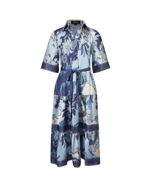 Smart and Joy Blue Midi Shirt Dress With Artistic Print And Tied Belt