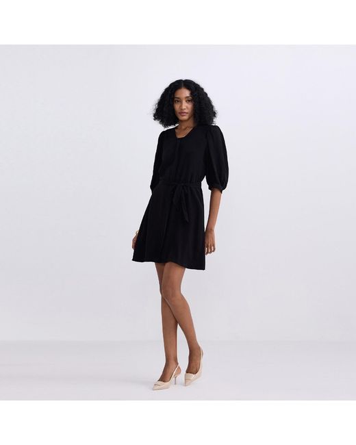 REISTOR Black Short Crepe Dress With A Waist-Tie