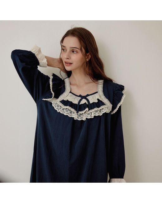 Luna Luz Blue Helen Cotton Square-Neck Long-Sleeve Nightdress