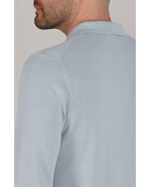 Paul James Knitwear Blue Lightweight Cotton Hall Long Sleeve Knitted Polo Shirt for men