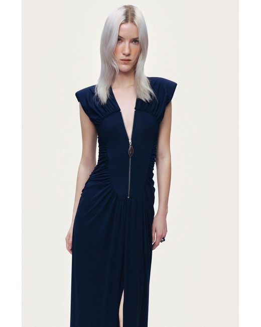 Nocturne Blue Zip-Front Draped Maxi Dress