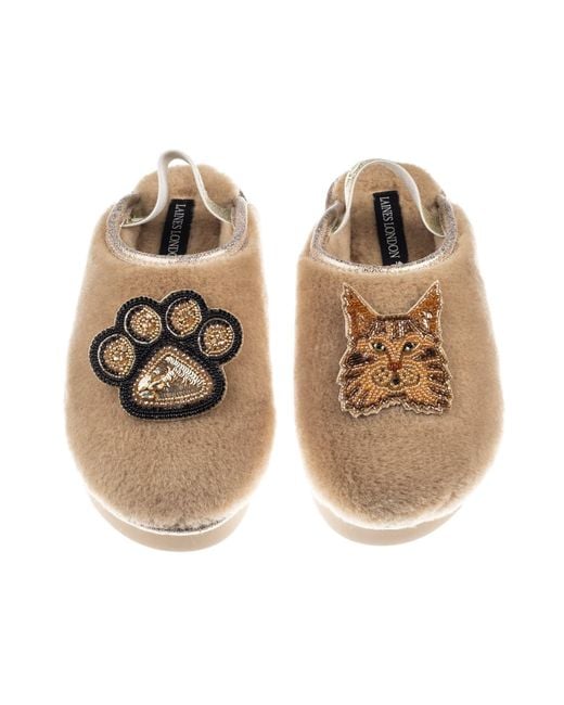 Laines London Brown Neutrals Flatform Cloud Slippers With Ginger Maine Coon Cat & Paw Brooches