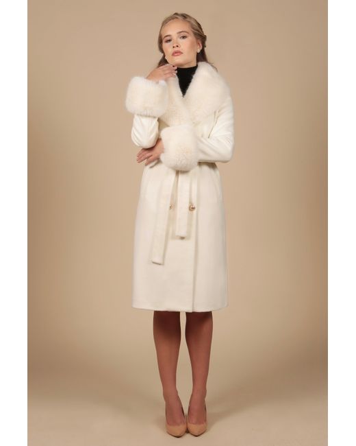 Santinni Natural 'marlene' 100% Cashmere & Wool Coat With Faux Fur In