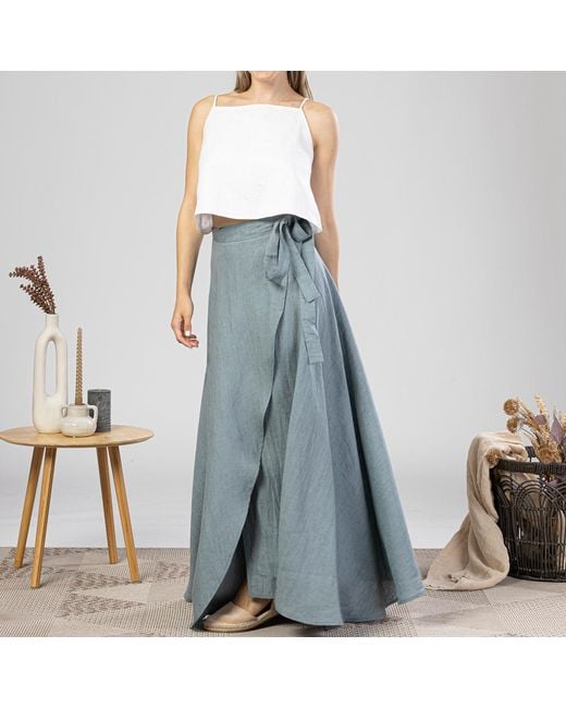 Nikka Place Blue Summer Beach Linen Wrap Skirt With Tie