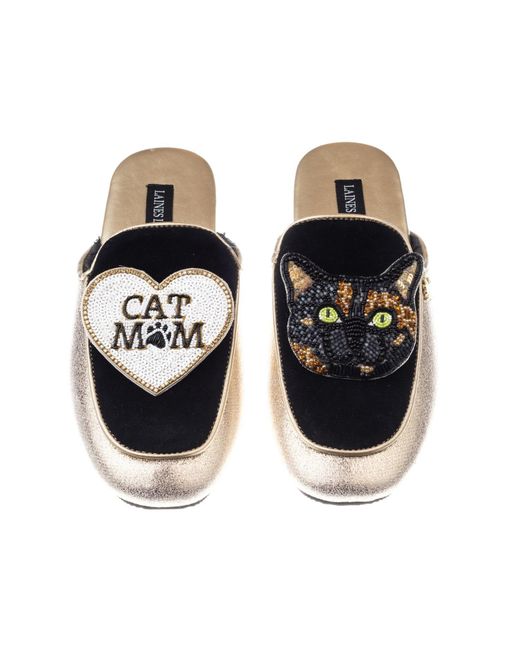Laines London Black Classic Mules With Misty The Tortoise Shell Cat & Cat Mum Mom Brooches