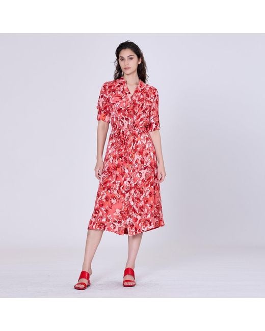 Smart and Joy Red Classic Shirt Dress With Abstract Print