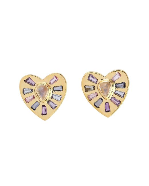 Artisan Metallic 18k Yellow Gold In Moonstone Sapphire Tanzanite Iolite Amethyst Heart Shape Stud Earrings