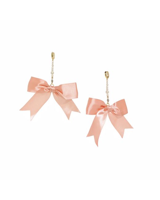 I'MMANY LONDON Pink Ballerina Satin Ribbon Bow & Pearl Drop Earrings With Gold Plated huggie Hoop