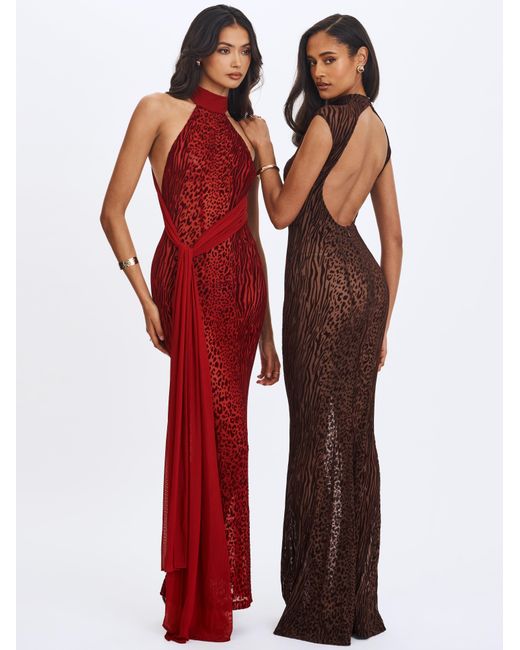 Miss Circle New York Gray Tyanna Mocha Burnout Velvet Mesh Backless Mermaid Maxi Dress