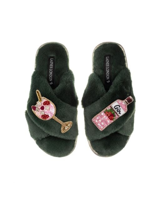 Laines London Green Classic Laines Slippers With Gin & Fruit Glass Brooches