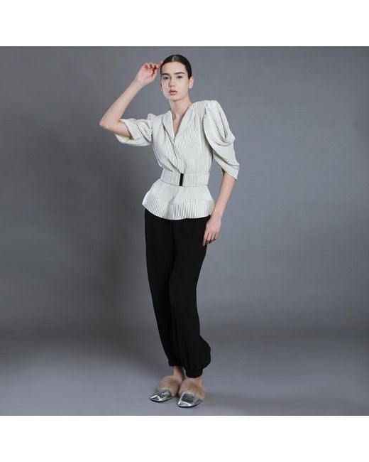 Silvia Serban Gray V-Neck Pleated Ivory Satin Blouse