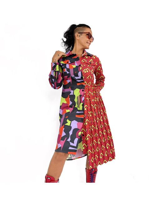 Lalipop Design Red Geometric Color Block Cotton Shirt Dress