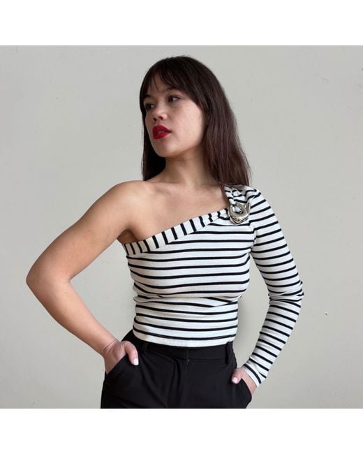 London Atelier Byproduct Multicolor Striped One Sleeve Top With Metal Brooch