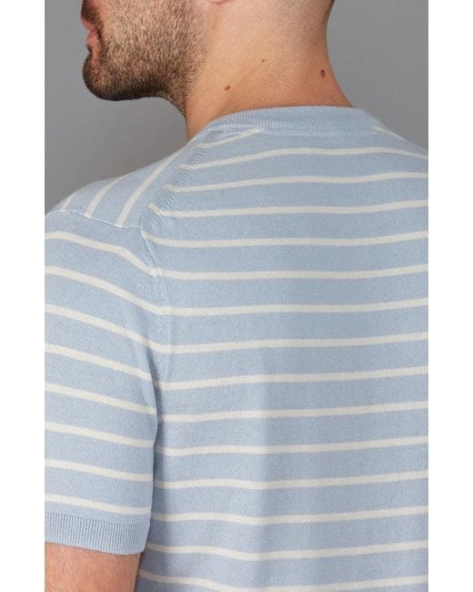 Paul James Knitwear Blue Mens Ultra-fine Cotton Javier Knitted Pin Stripe T-shirt for men