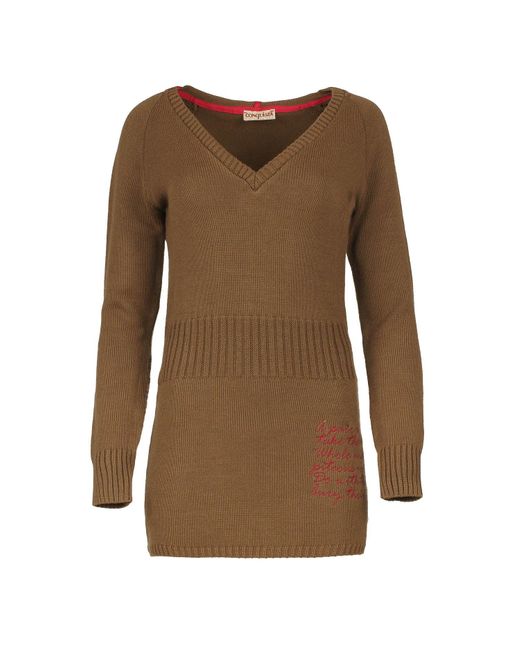 Conquista Brown Knit Tunic Dress With Ribbed Waist