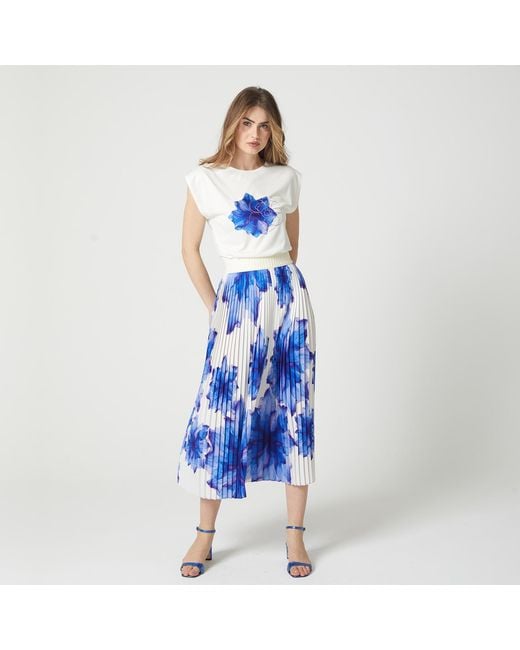 Lalipop Design Blue Laser-Cut Floral Print And Embroidered T-Shirt