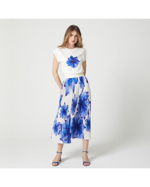 Lalipop Design Blue Floral-print Elasticated-waist Pleated Recycled Fabric Maxi Skirt