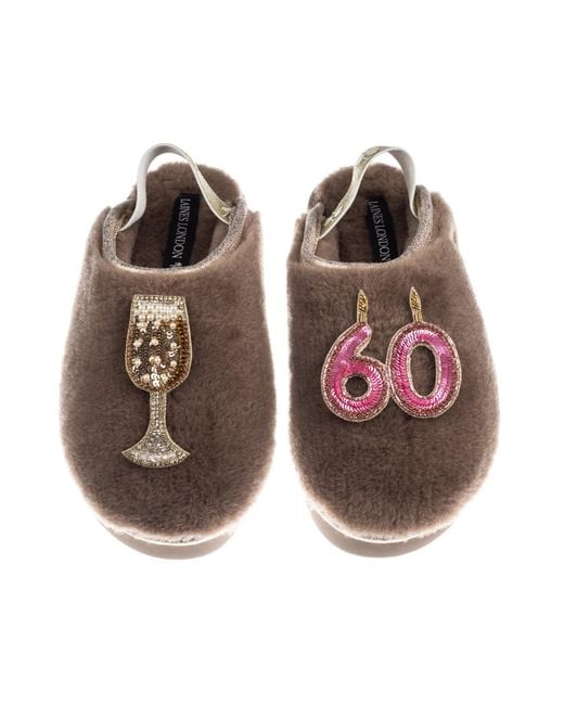 Laines London Brown Neutrals Flatform Cloud Closed Toe Slippers With 60Th Birthday & Champagne Glass Brooches