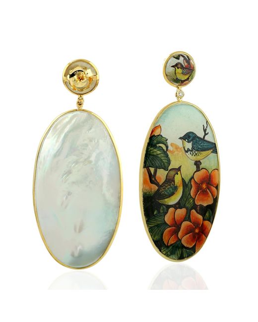 Artisan Green Bakelite & Enamel Bird Motif Drop Earrings With Diamond