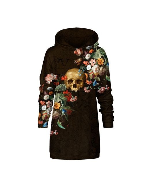 Aloha From Deer Black Oversized Cotton Hoodie Dress with Macabre Print