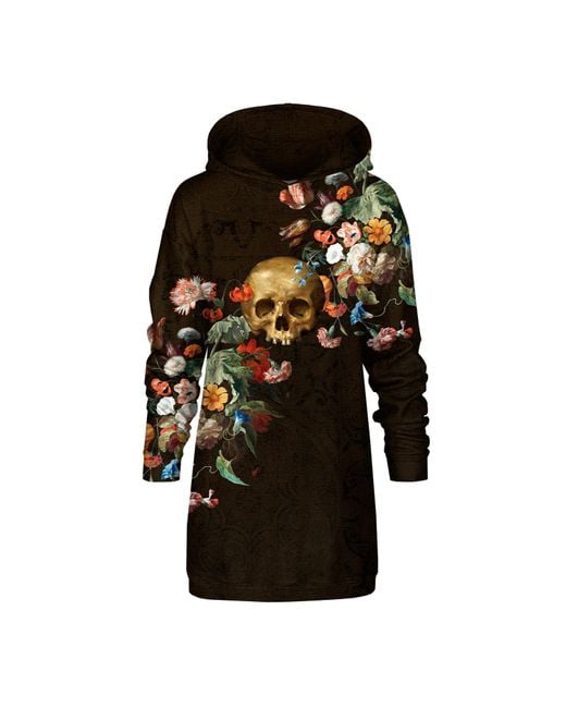 Aloha From Deer Black Oversized Cotton Hoodie Dress with Macabre Print