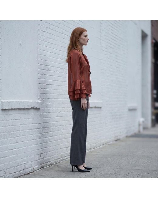 Modenaire Red Sheer Blouse With Tie Neck Detail And Bell Sleeves
