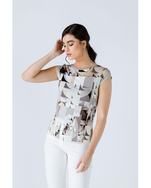 Conquista Gray Geometric Mosaic Viscose Jersey Top