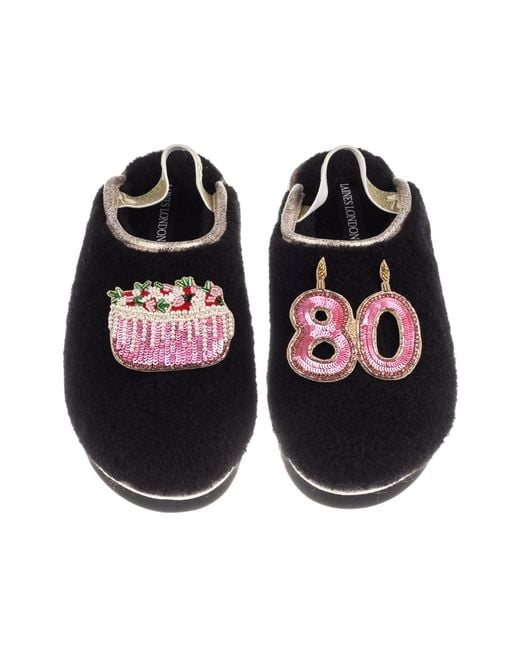 Laines London Black Flatform Cloud Closed Toe Slippers With 80Th Birthday & Cake Brooches