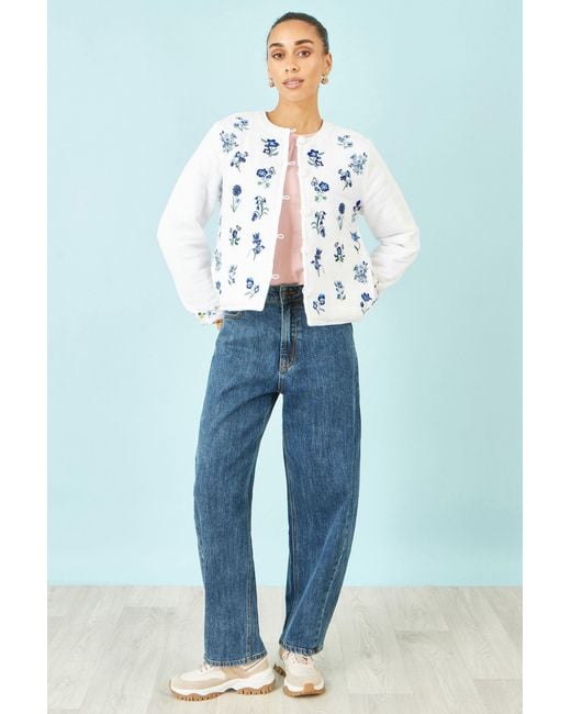 Yumi' Blue Floral Embroidery Reversible Cotton Jacket