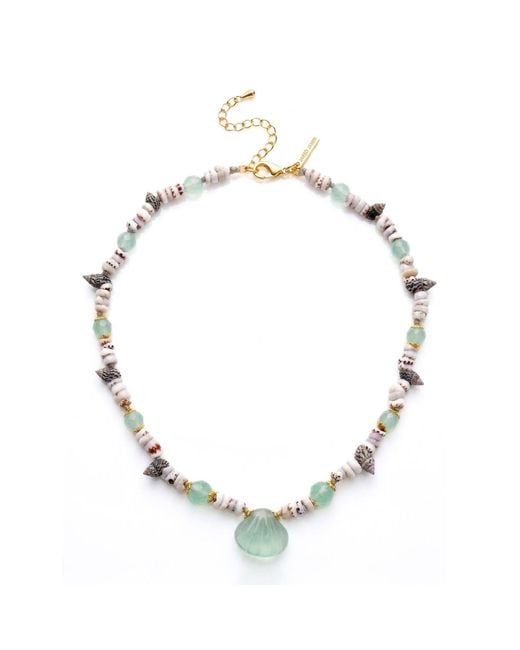 Jaredjamin Metallic Sirena Carved Aventurine & Marine Shell Necklace