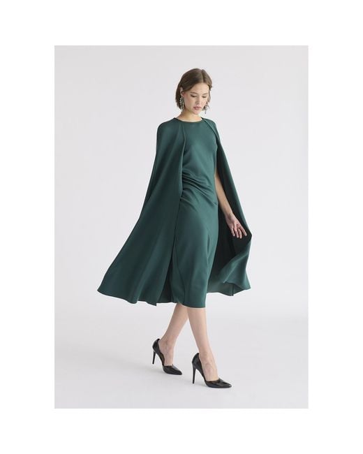 Paisie Green Cape Sleeves Dress With Waist Details