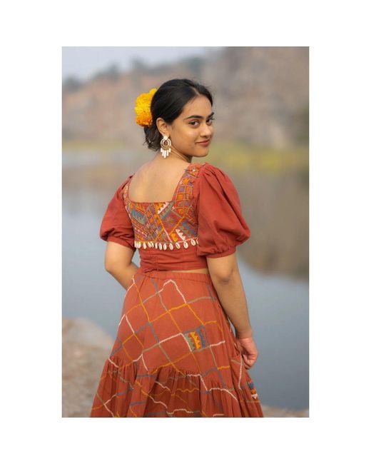 Tega Collective Red Alankara Balloon Sleeve Crop Top